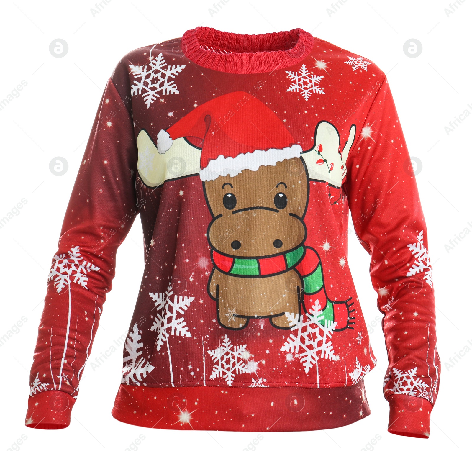 Image of Warm Christmas sweater with reindeer and snowflakes on white background