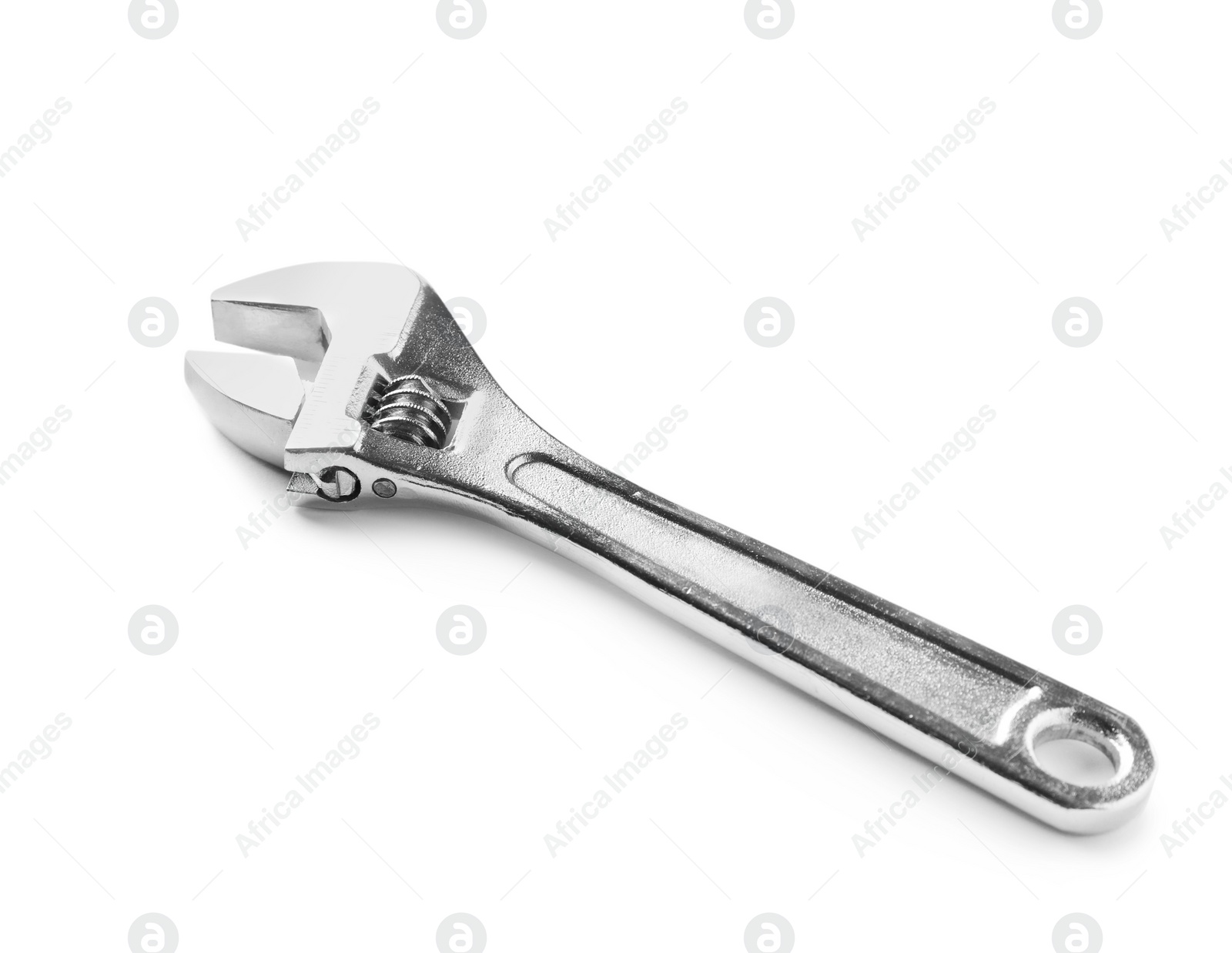 Photo of New adjustable wrench on white background. Plumber tools