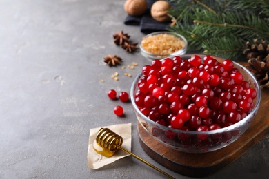 Fresh ripe cranberries and spices on grey table. Space for text