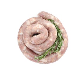 Photo of Homemade sausages and rosemary isolated on white, top view