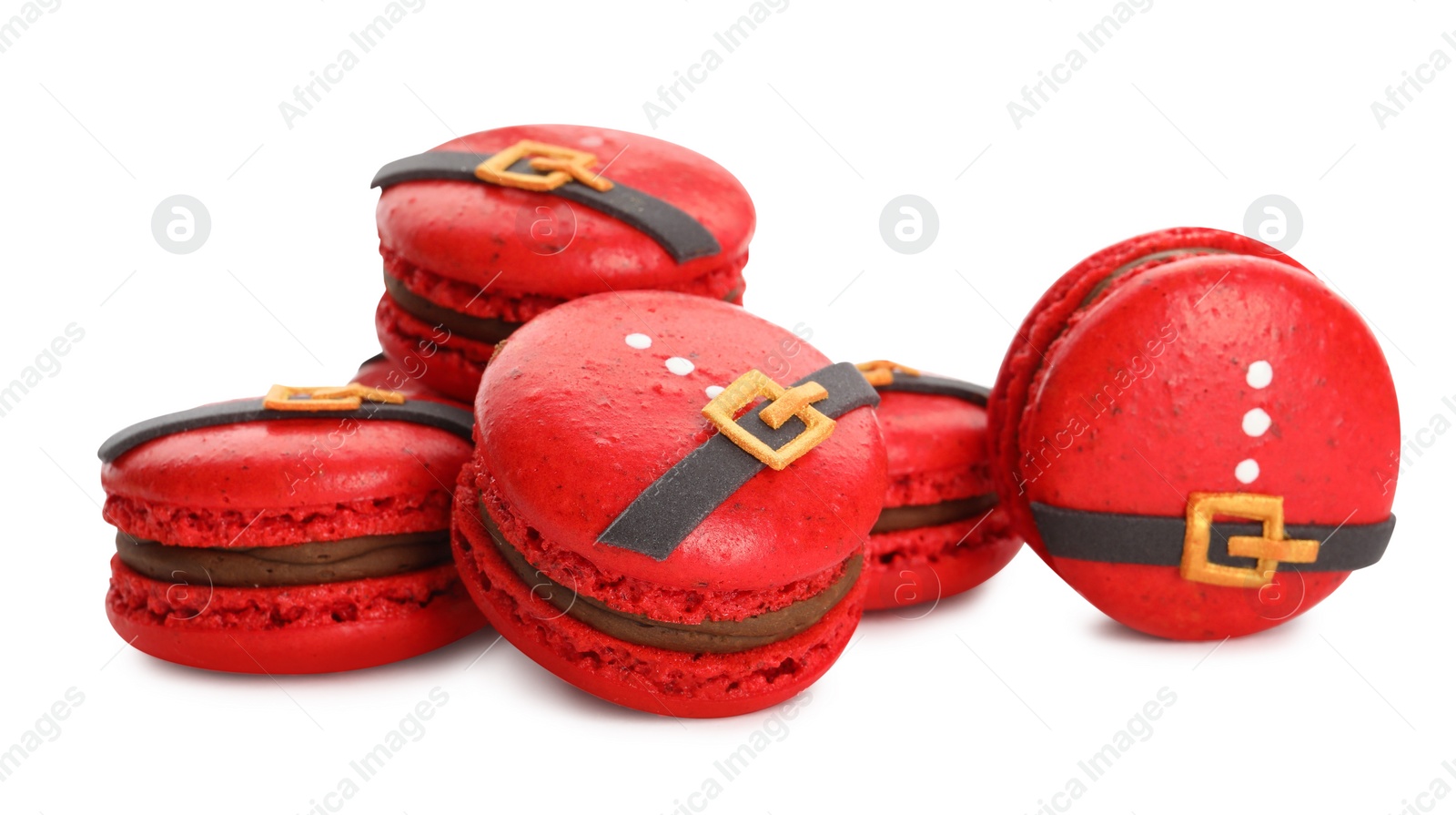 Photo of Pile of beautifully decorated Christmas macarons on white background