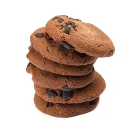 Delicious chocolate chip cookies on white background