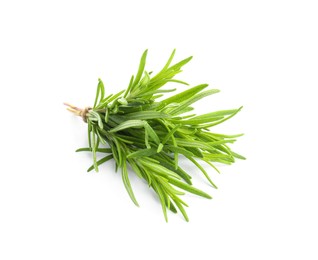 Photo of Bunch of aromatic fresh rosemary leaves on white background