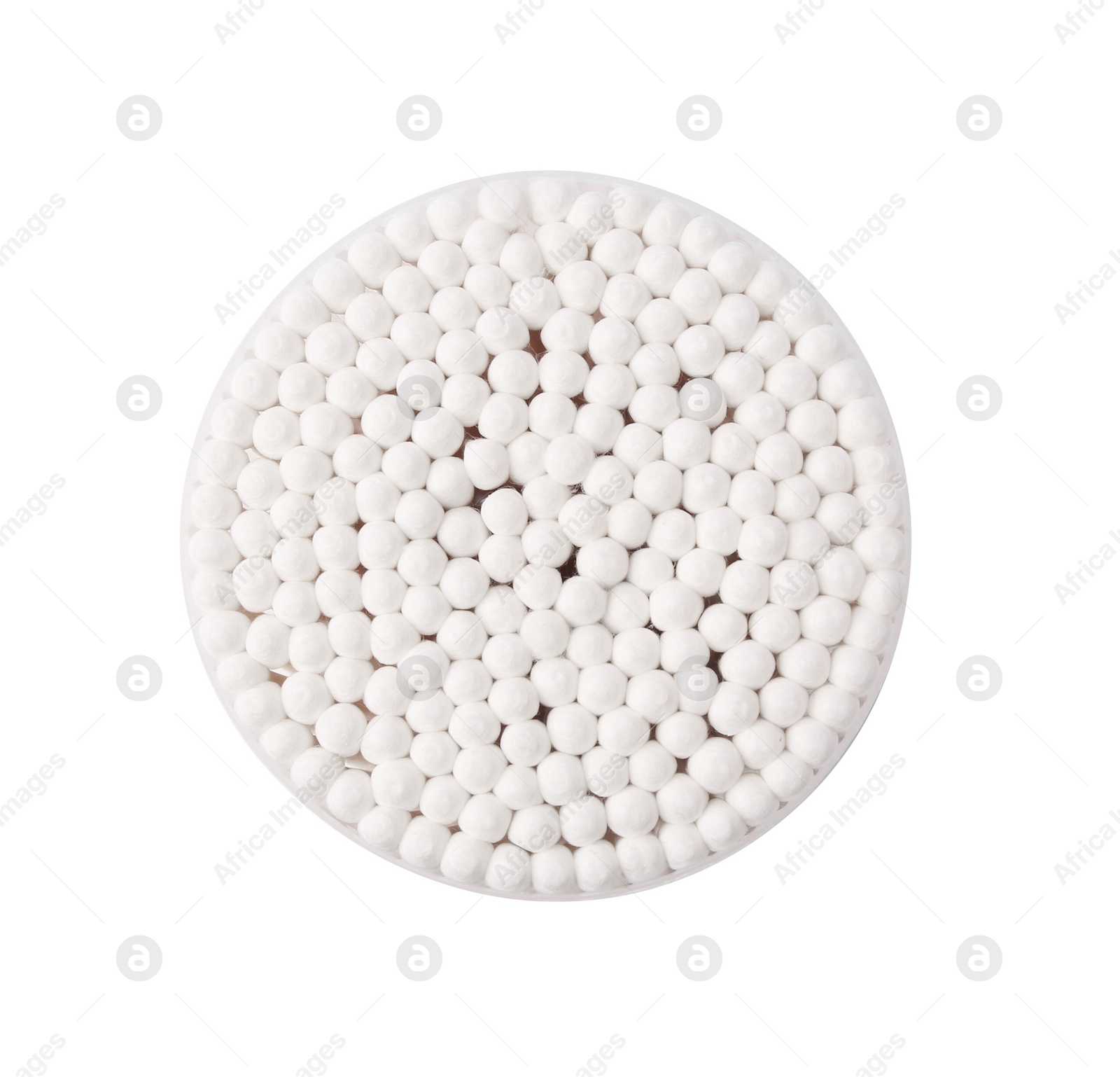 Photo of Cotton buds in plastic container isolated on white, top view