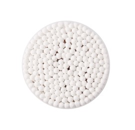 Photo of Cotton buds in plastic container isolated on white, top view