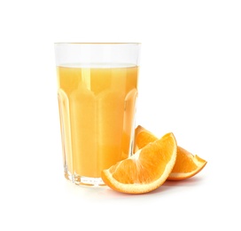 Photo of Glass of orange juice and fresh fruit isolated on white