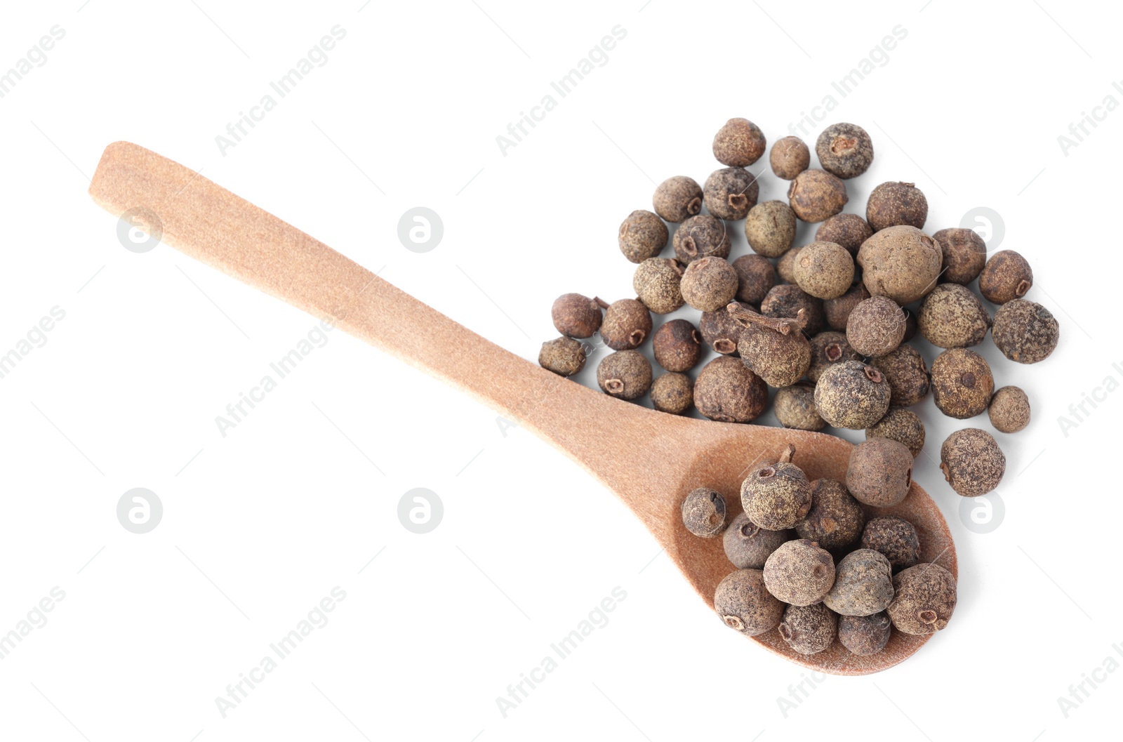 Photo of Spicy black pepper grains isolated on white, top view