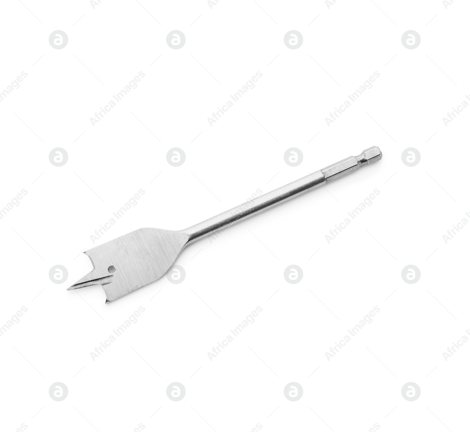 Photo of Spade drill bit isolated on white, top view. Carpenter's tool