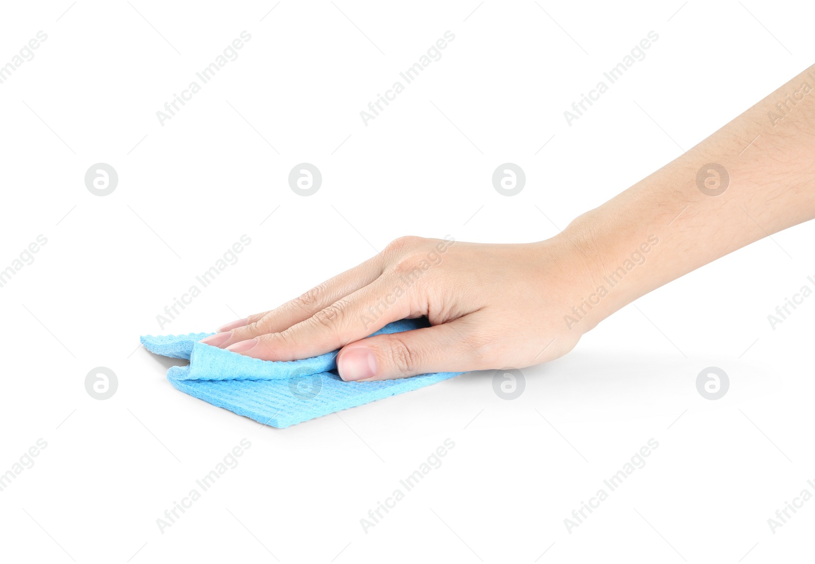 Photo of Woman with rag on white background, closeup of hand