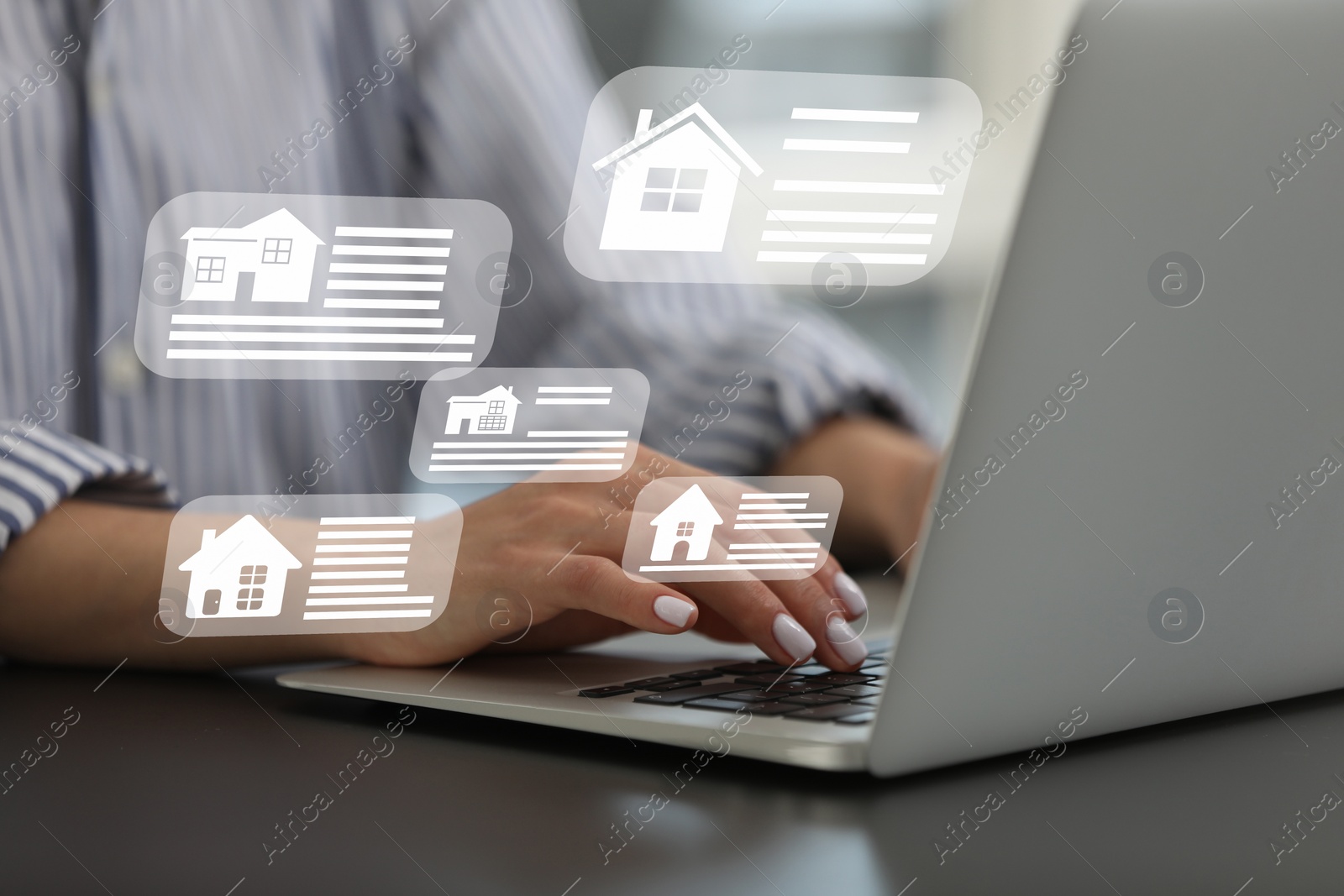 Image of House search. Woman choosing home via laptop at table, closeup. Illustrations of different buildings as real estate variations