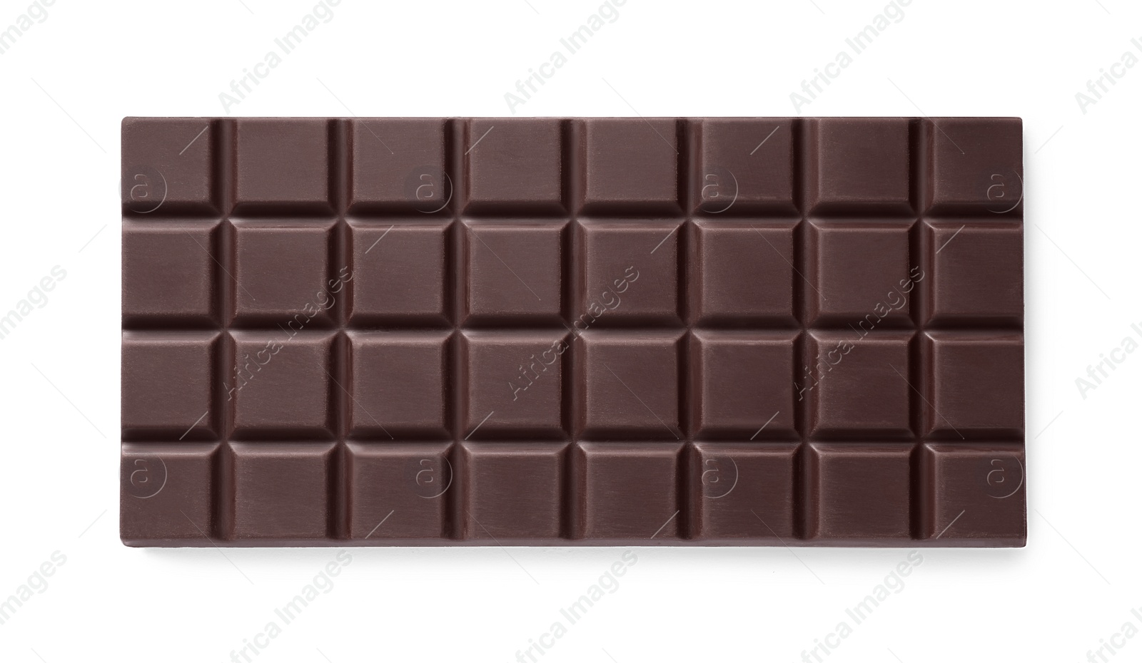 Photo of Delicious dark chocolate bar isolated on white, top view