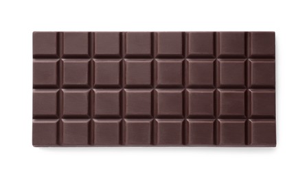 Delicious dark chocolate bar isolated on white, top view