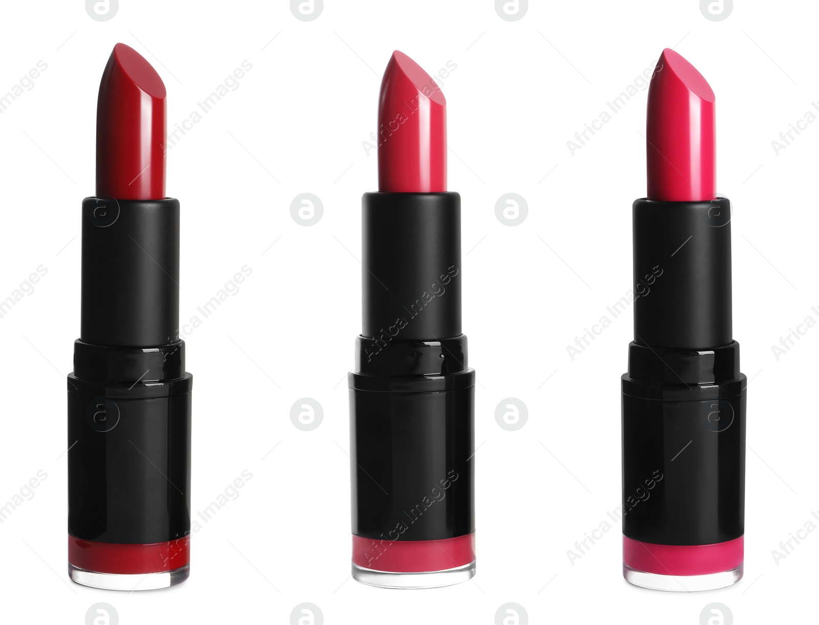 Image of Set with different beautiful lipsticks on white background