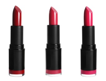 Image of Set with different beautiful lipsticks on white background