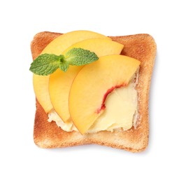 Photo of Tasty toast with butter, peach slices and mint isolated on white, top view