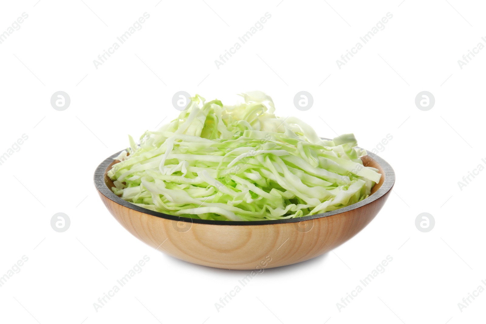 Photo of Bowl with chopped cabbage on white background. Healthy food