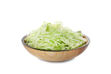 Bowl with chopped cabbage on white background. Healthy food