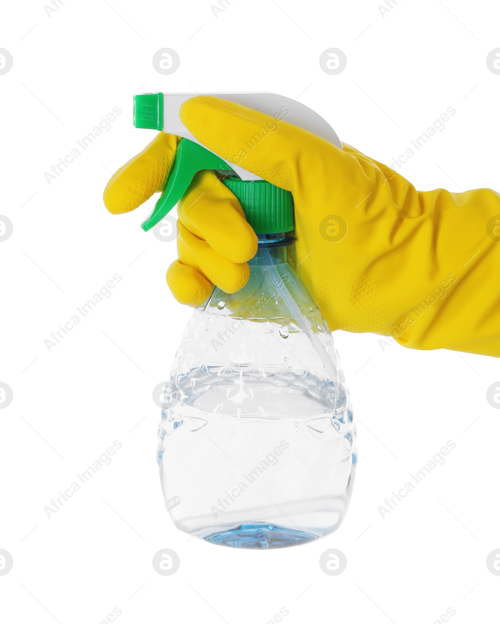 Photo of Woman holding plastic spray bottle with liquid isolated on white, closeup