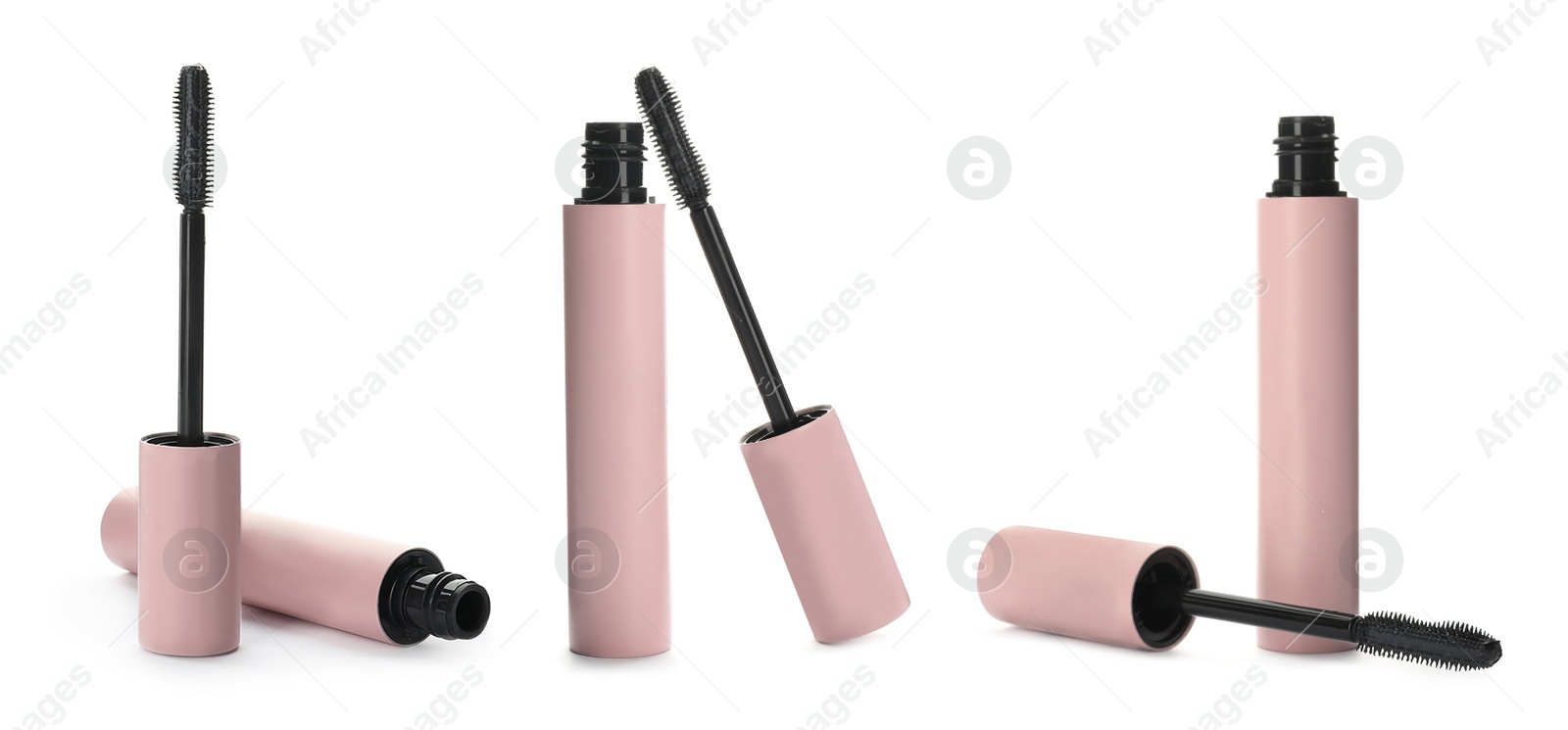 Image of Set with mascaras on white background. Banner design