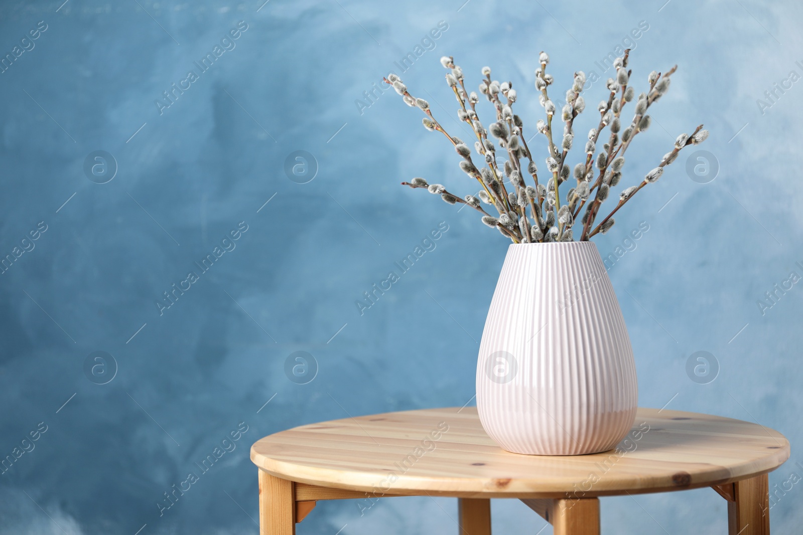 Photo of Beautiful bouquet of pussy willow branches in vase on wooden table. Space for text