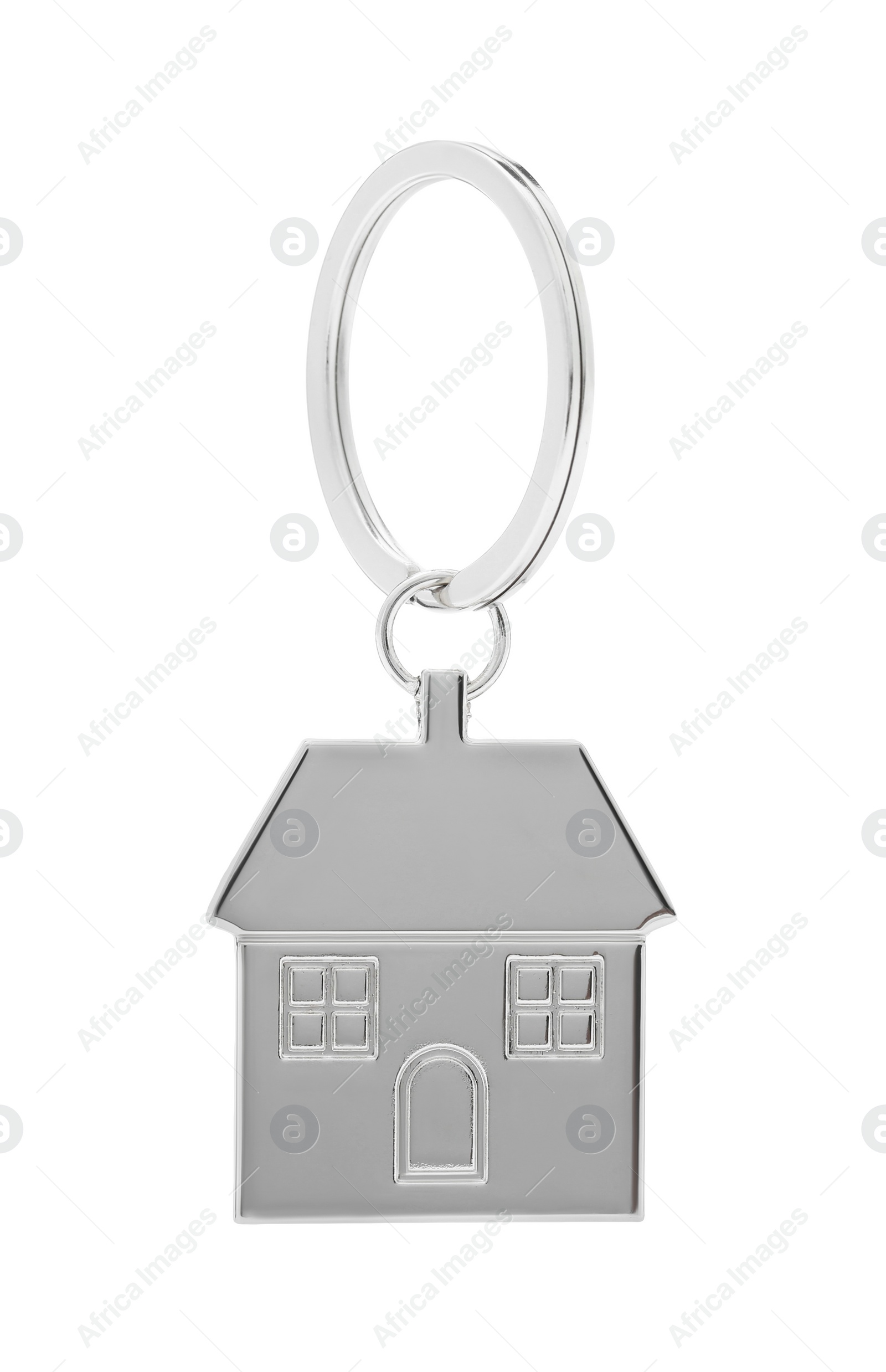 Photo of One metal keychain in shape of house isolated on white