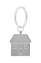 Photo of One metal keychain in shape of house isolated on white