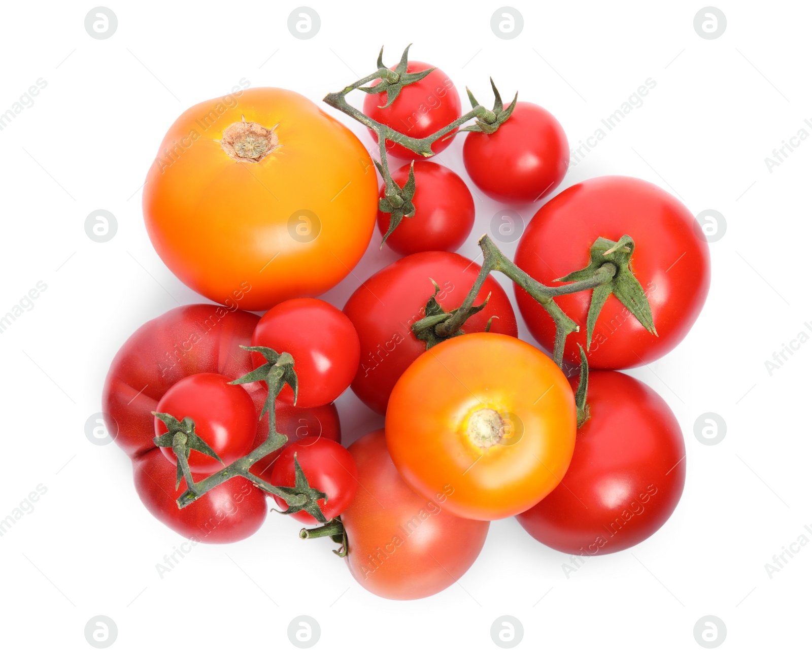 Photo of Many different ripe tomatoes on white background, top view