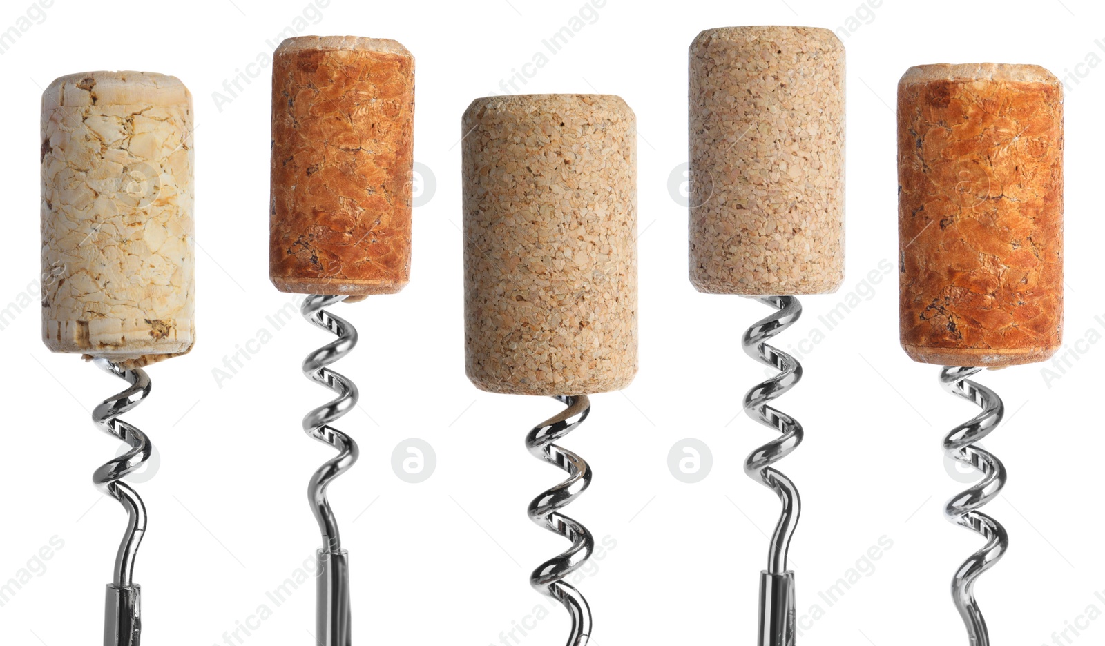 Image of Corkscrews with wine corks on white background