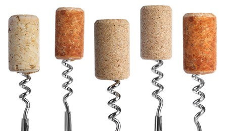 Image of Corkscrews with wine corks on white background