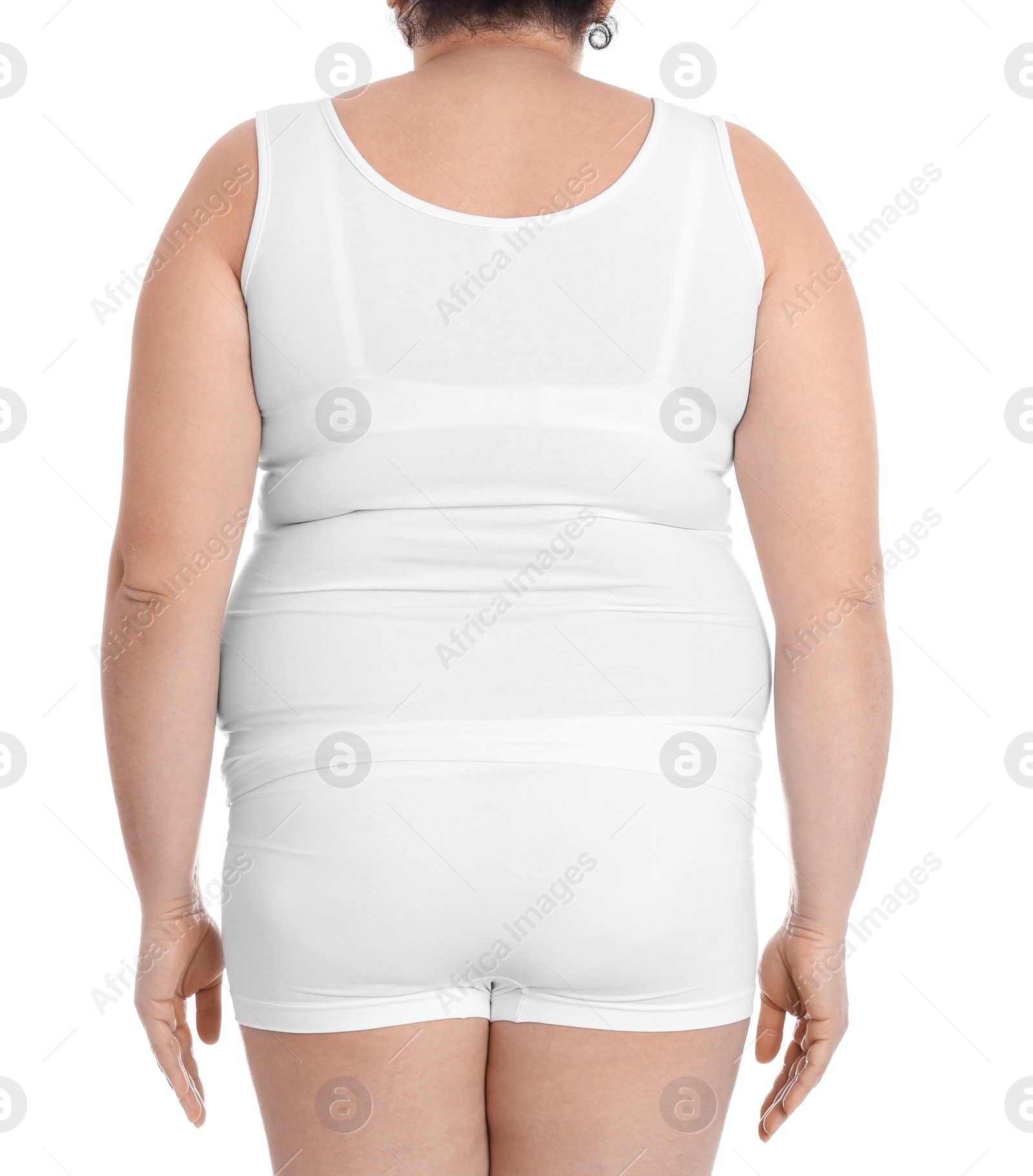 Photo of Overweight woman on white background, closeup. Weight loss