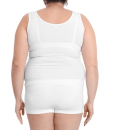 Overweight woman on white background, closeup. Weight loss