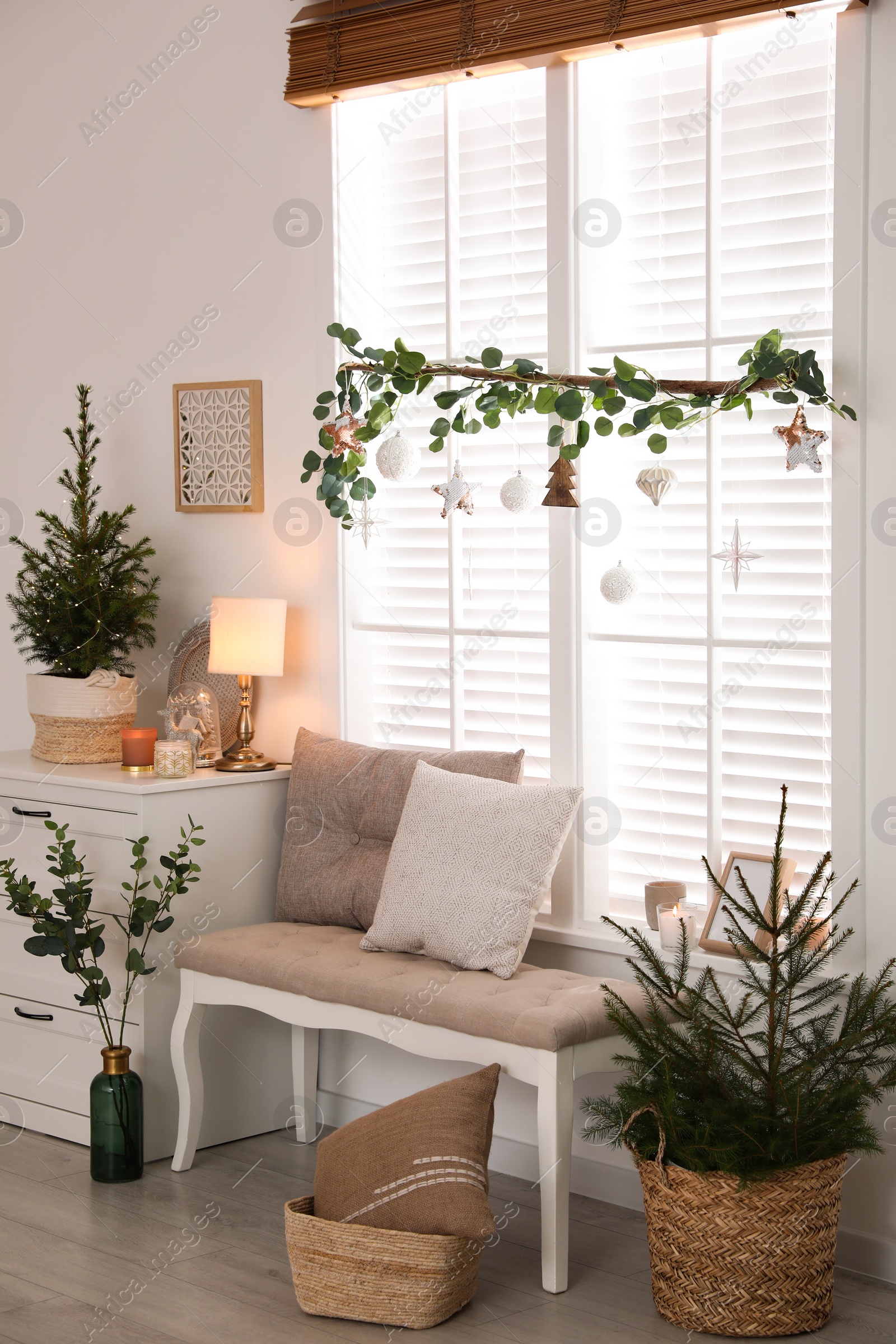 Photo of Beautiful room interior decorated for Christmas with potted firs