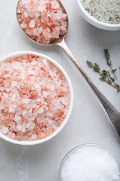 Photo of Different kinds of salt on light grey marble table, flat lay