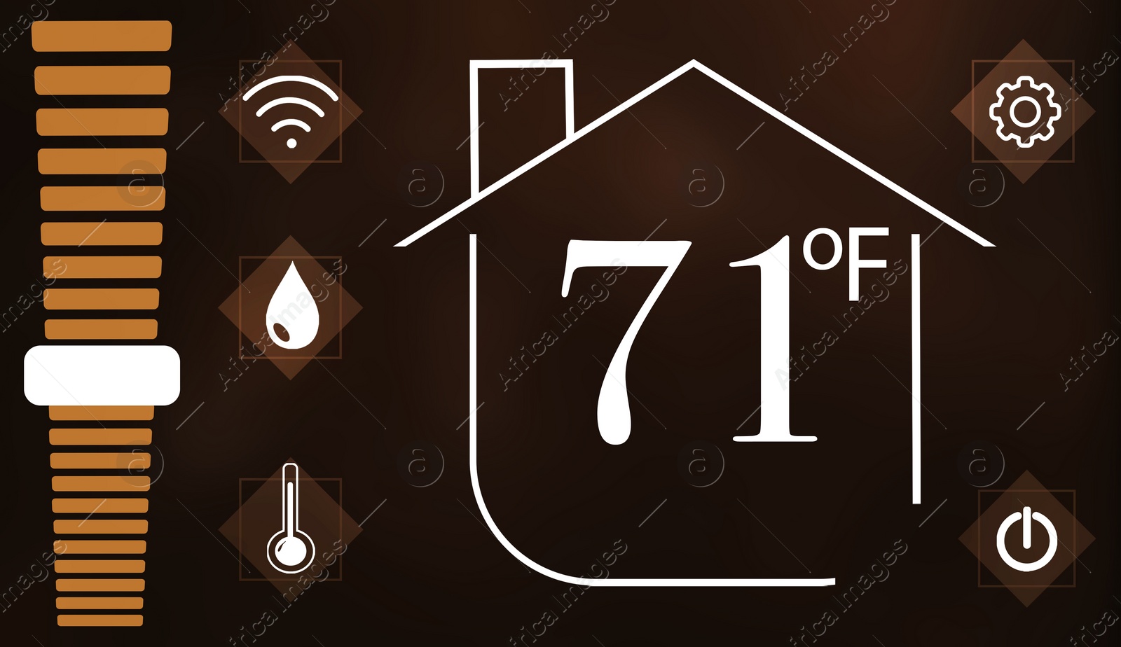 Illustration of Smart home system. Thermostat display showing ambient temperature in Fahrenheit scale and different icons