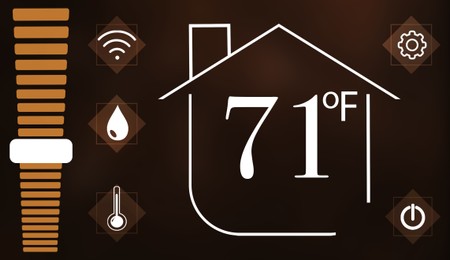 Smart home system. Thermostat display showing ambient temperature in Fahrenheit scale and different icons