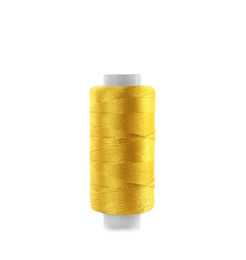 Photo of Spool of yellow sewing thread isolated on white