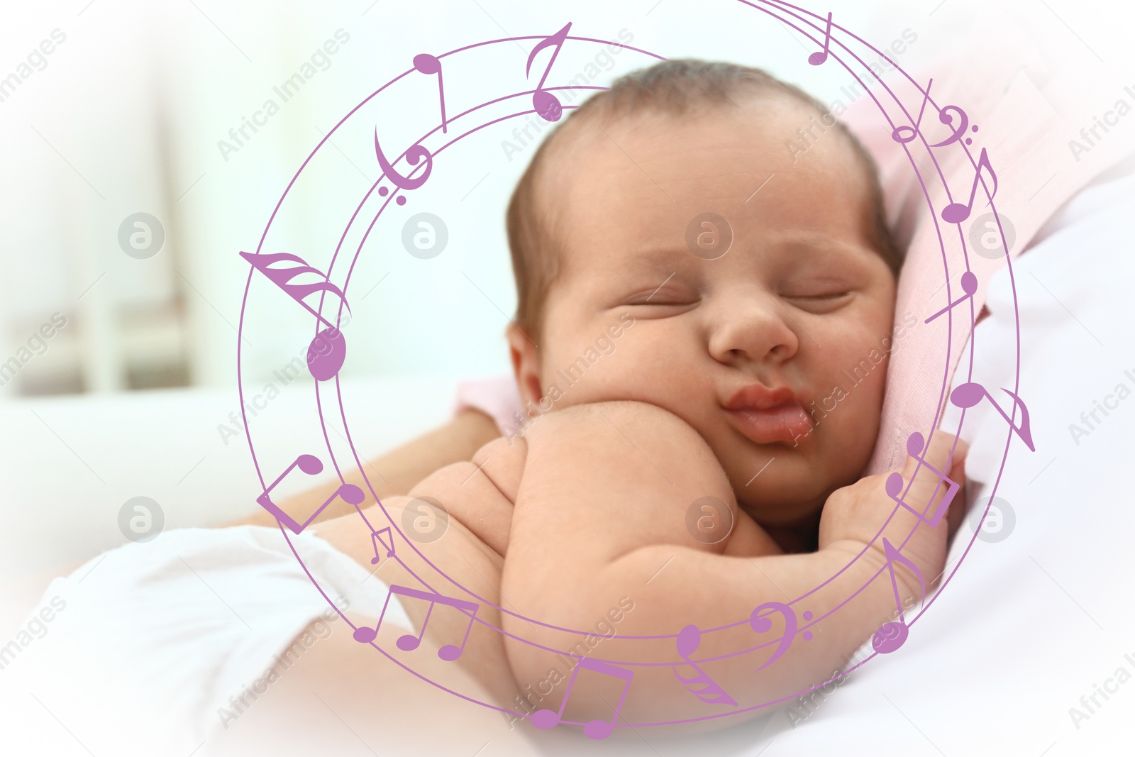Image of Lullaby songs. Baby sleeping in mother's arms at home, closeup. Illustration of flying music notes around child