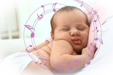 Lullaby songs. Baby sleeping in mother's arms at home, closeup. Illustration of flying music notes around child