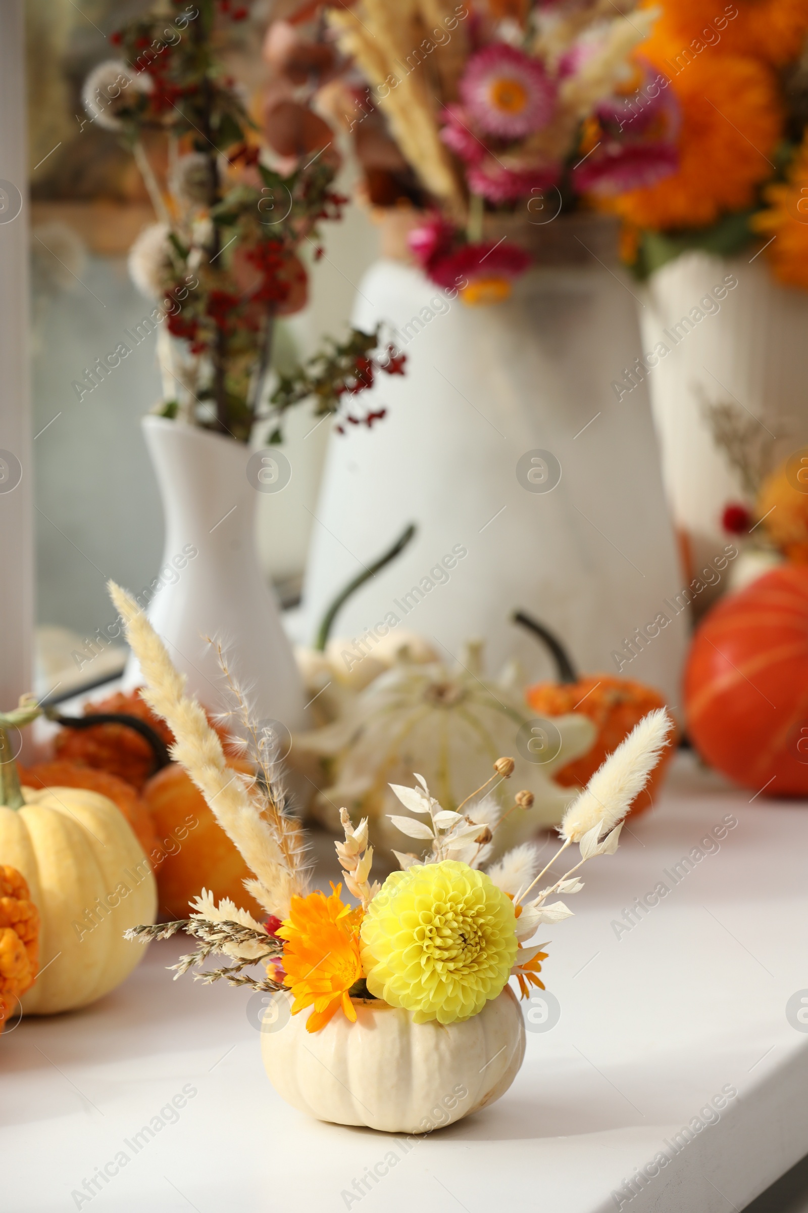 Photo of Small pumpkin with autumn bouquet on window sill indoors, selective focus