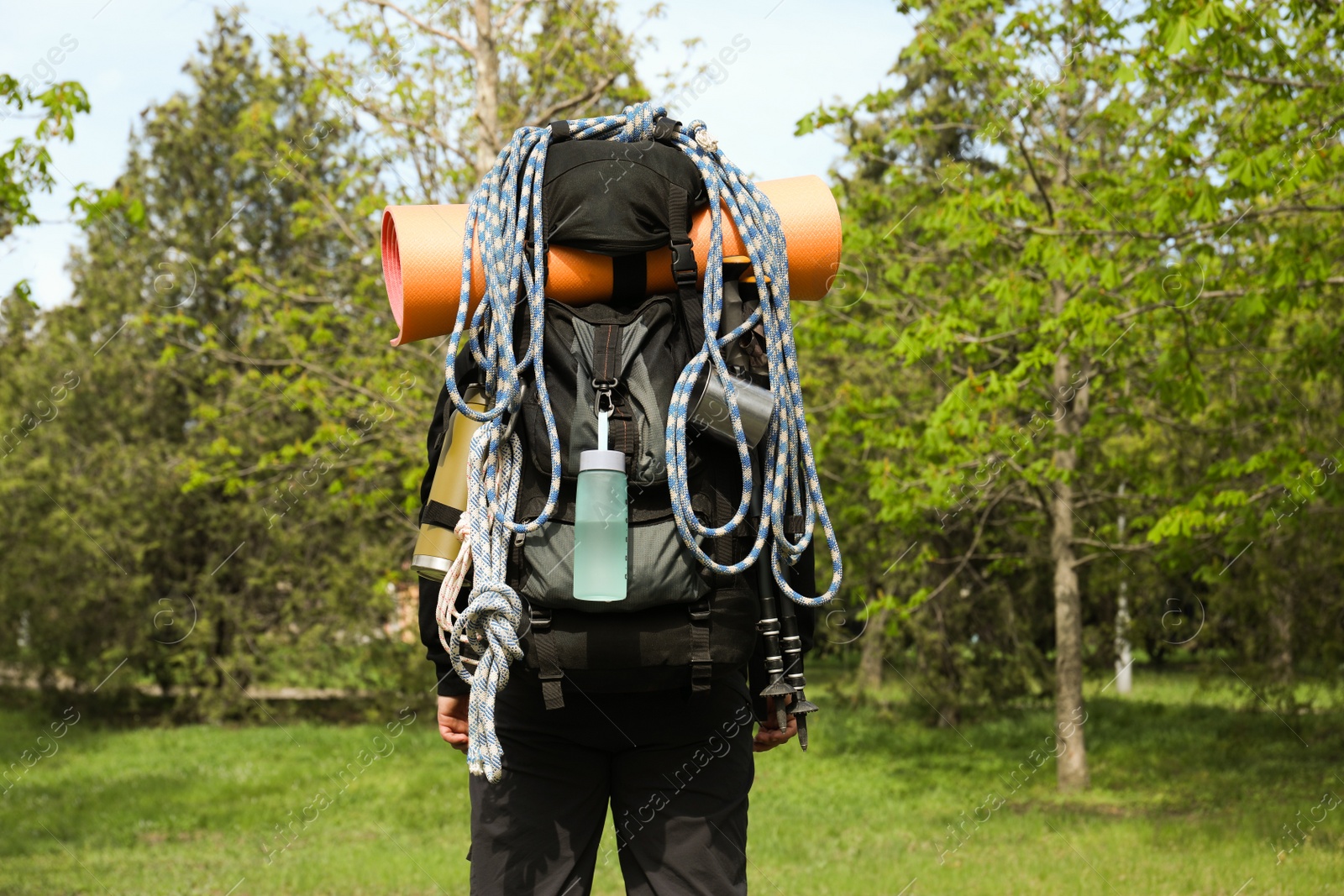 Photo of Hiker with backpack ready for journey in park, back view. Mountain tourism