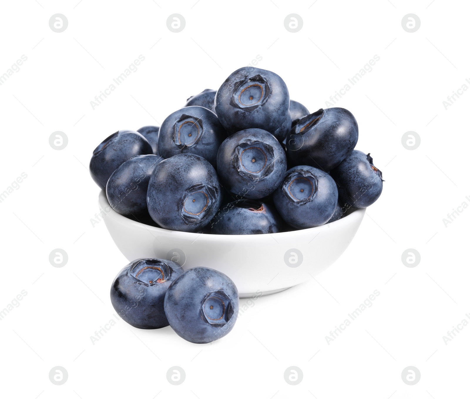 Photo of Fresh ripe blueberries in bowl isolated on white