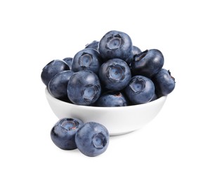 Photo of Fresh ripe blueberries in bowl isolated on white