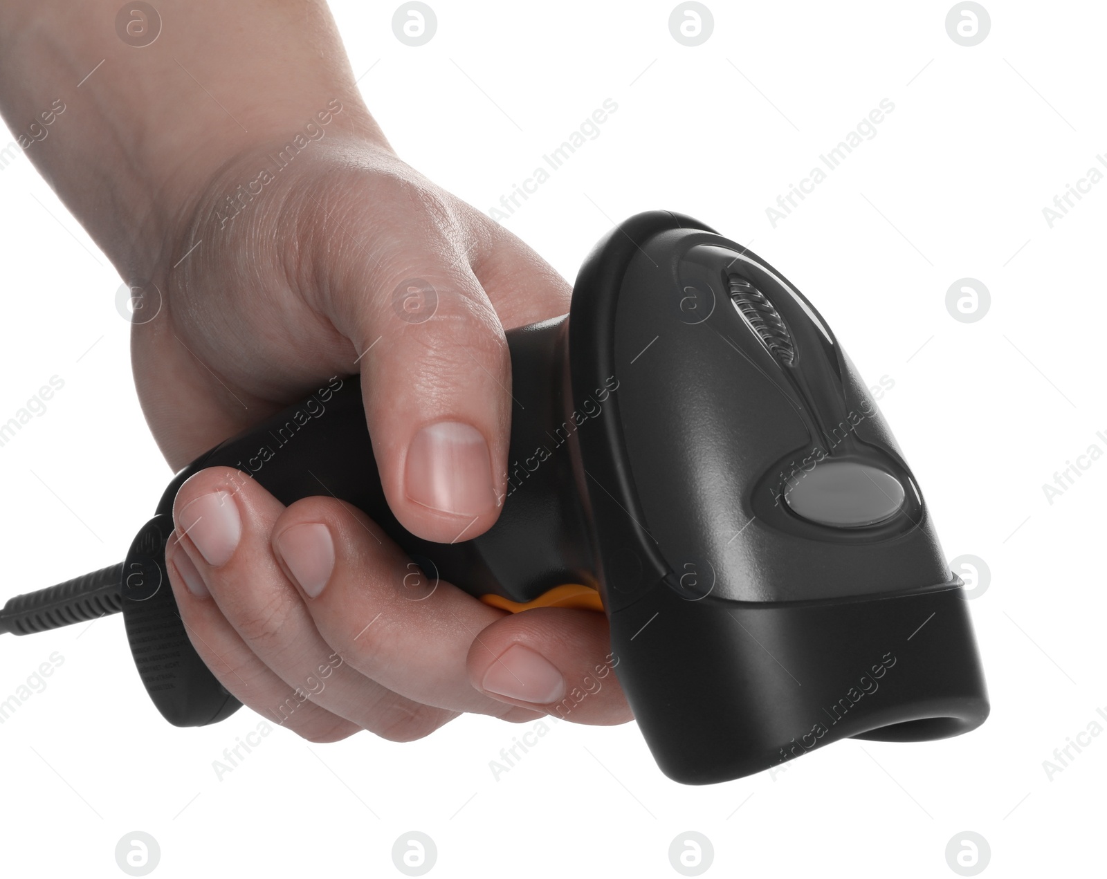 Photo of Man with barcode scanner on white background, closeup