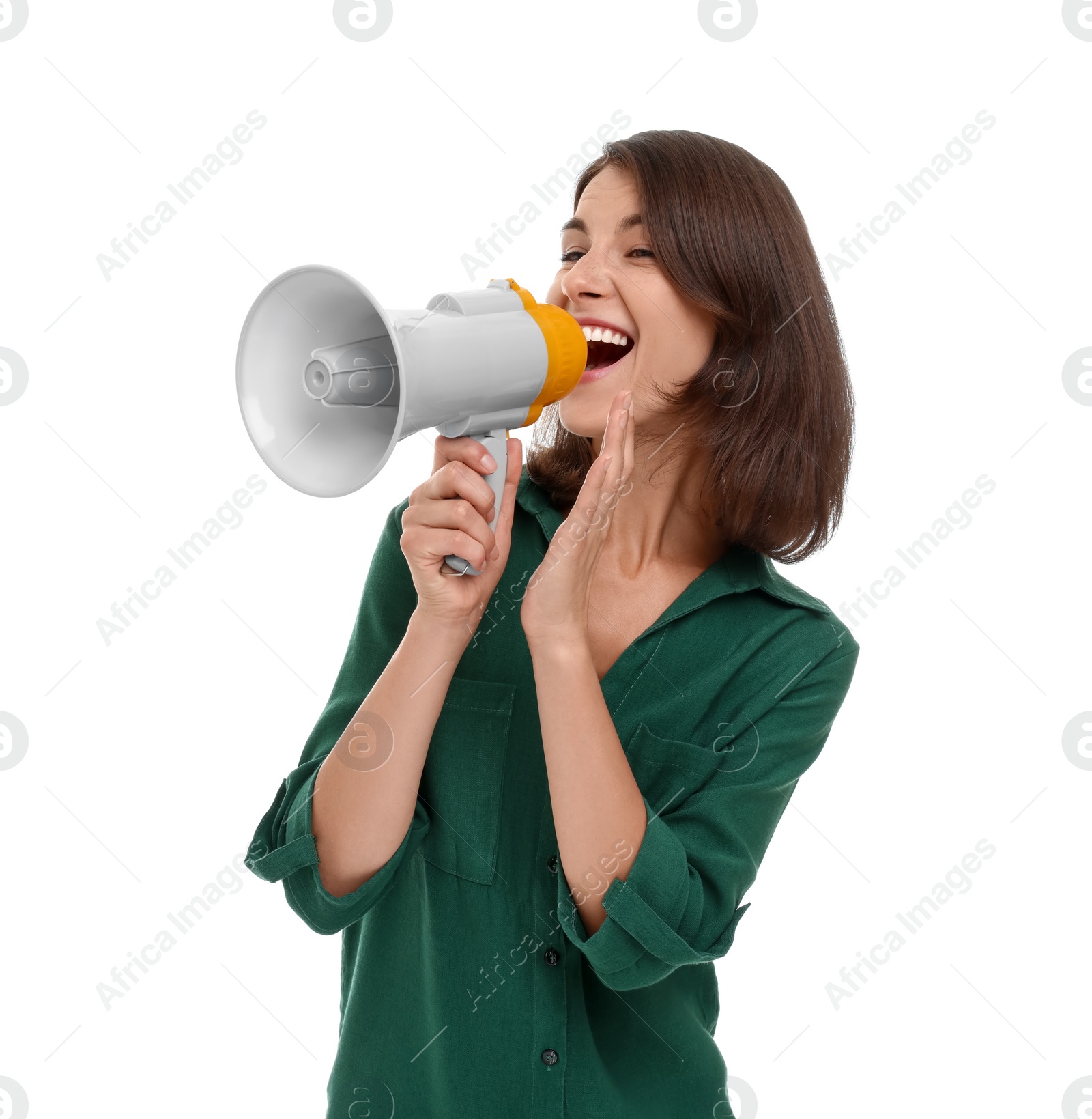 Photo of Special promotion. Young woman shouting in megaphone on white background