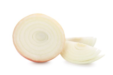 Pieces of fresh onion on white background