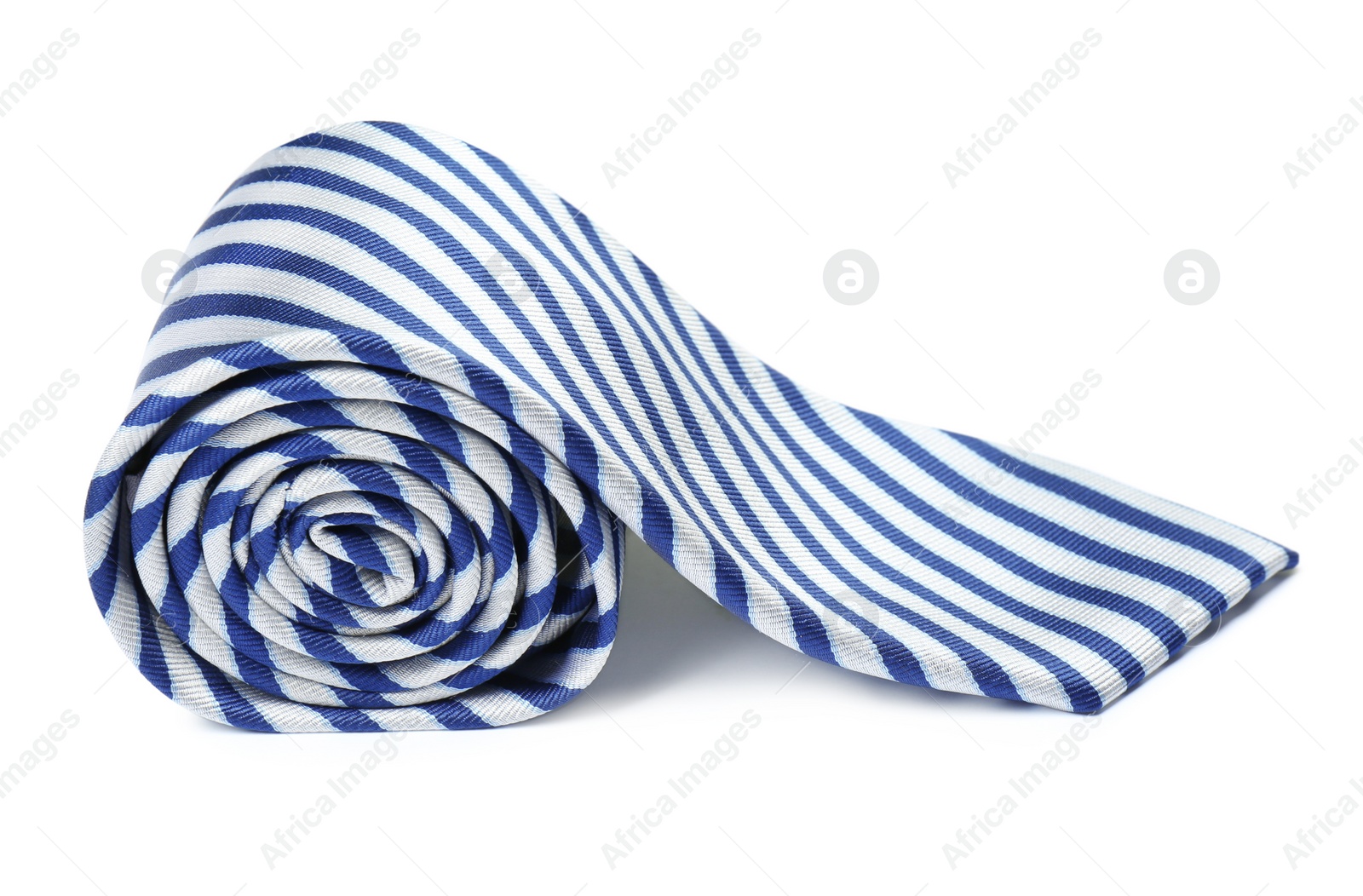 Photo of Striped male tie isolated on white, closeup