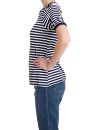 Young slim woman on white background, closeup. Weight loss