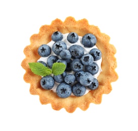 Photo of Delicious sweet pastry with berries on white background, top view