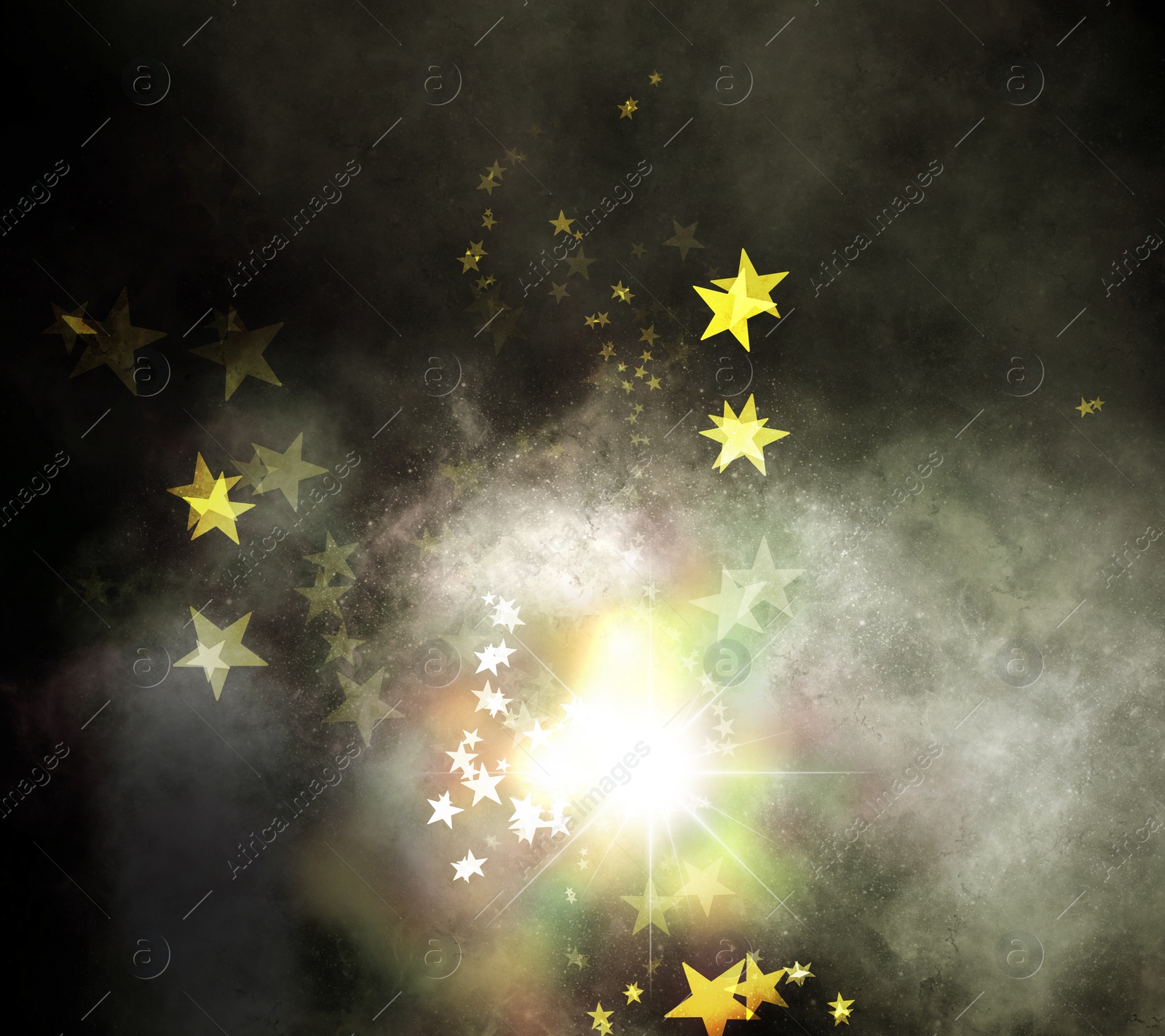 Image of Magic light and enchanted stars on black background