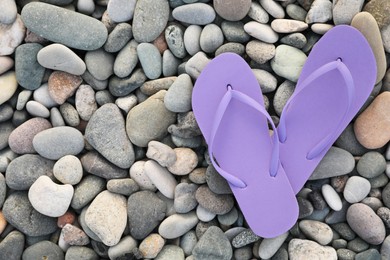 Photo of Stylish violet flip flops on pebble seashore, top view. Space for text